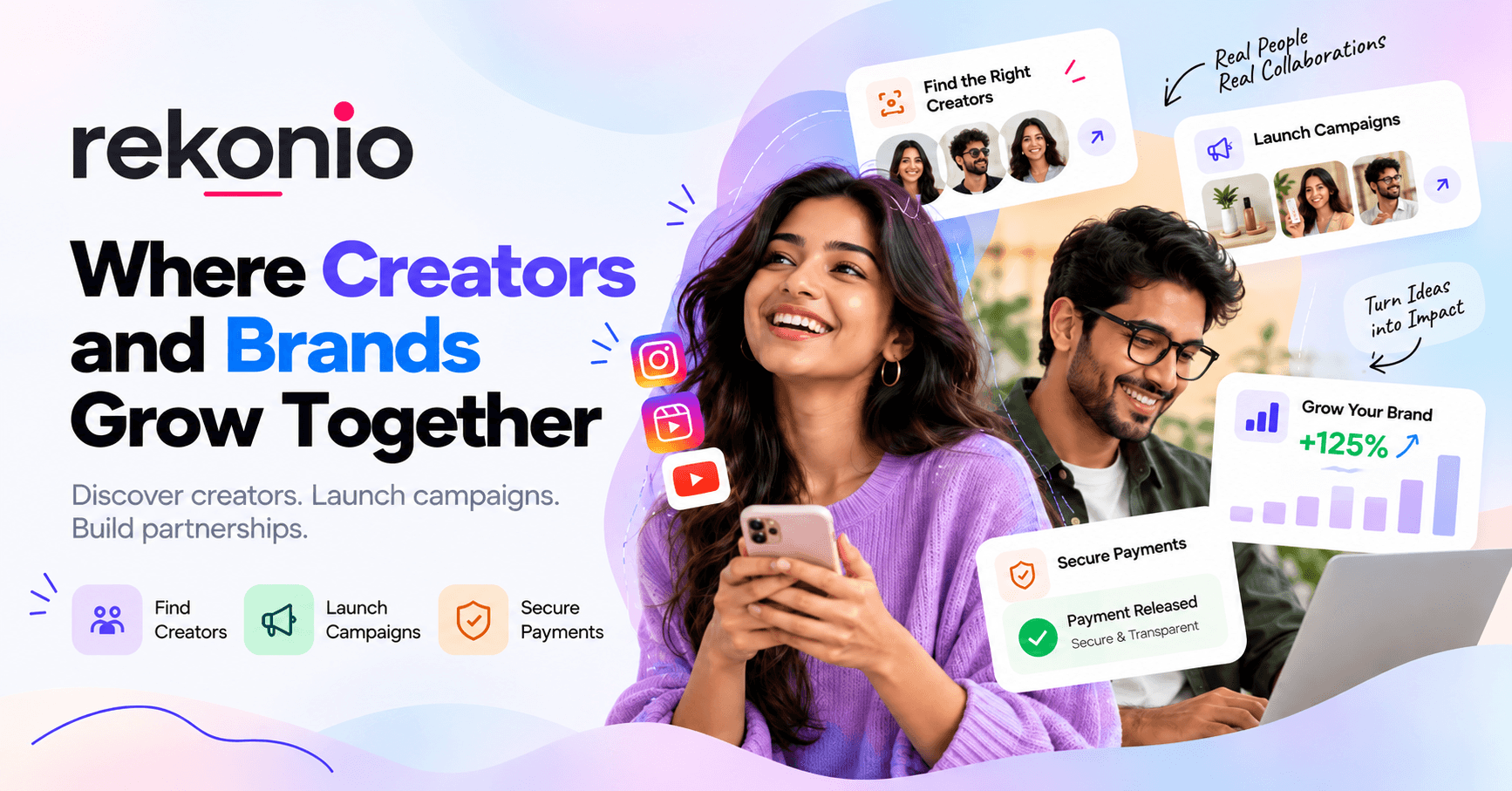 Rekonio: a creator on her phone with brand campaigns, payments and growth cards around her